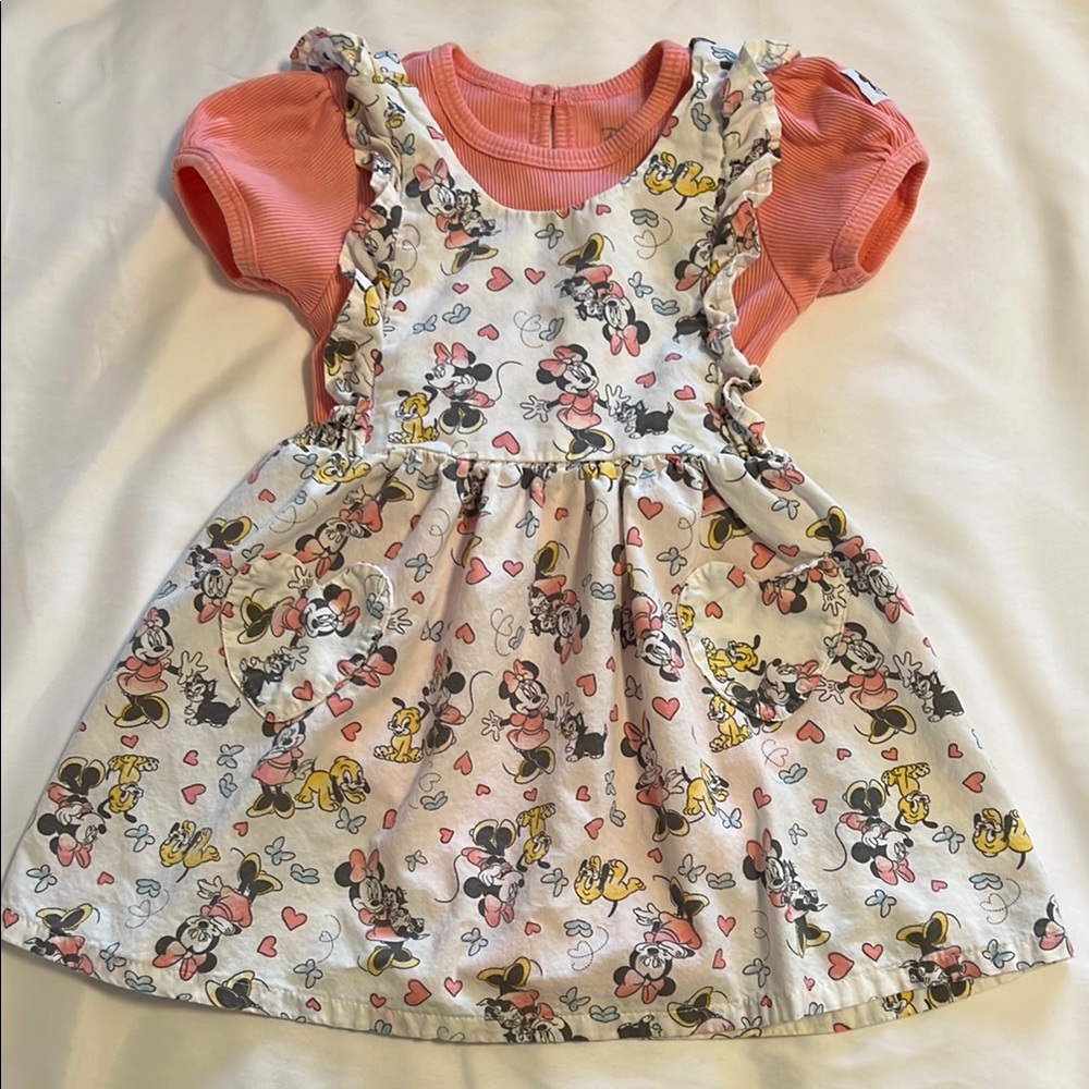 Disney Baby Pink Puff Sleeve Bodysuit with Minnie Mouse Pattern Sundress 24 M